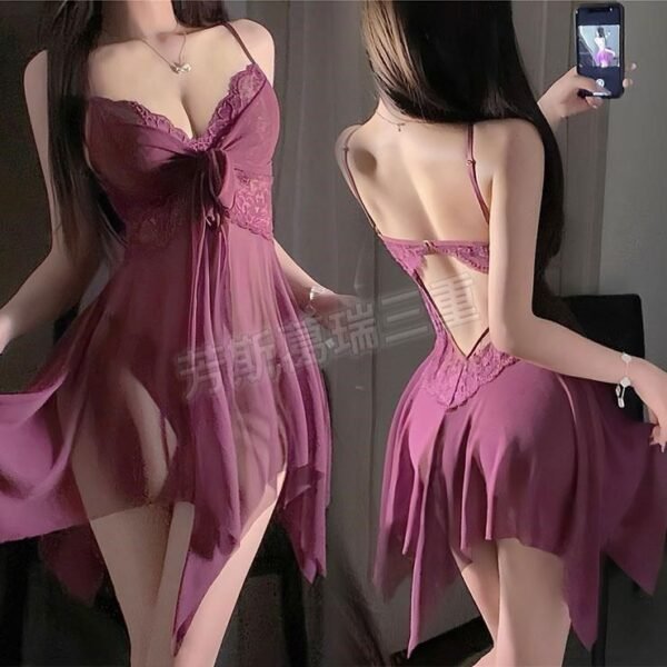 Women's Backless Lace Mesh Asymmetrical Babydoll Lingerie Set