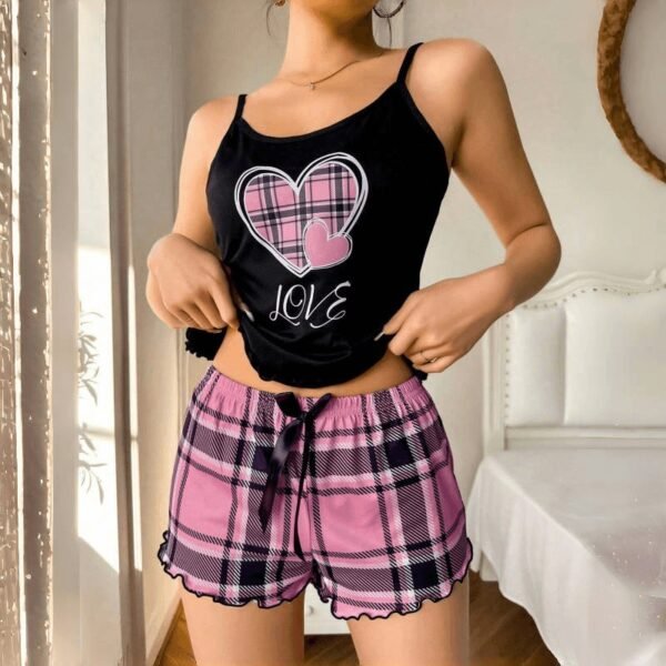 Women's Black Printed Cami Top & Plaid Shorts Pajama Set