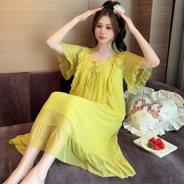 Women's Light Yellow Square Neck Ruffle Sleeve Flowy Nightgown