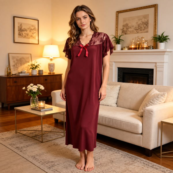Women's Maroon Lace Yoke Short Sleeve Ankle-Length Nightgown