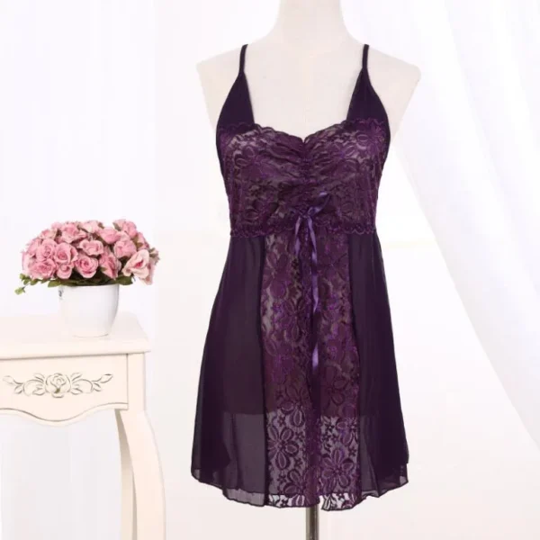 Women's Dark Purple Lace Mesh Babydoll Lingerie Set