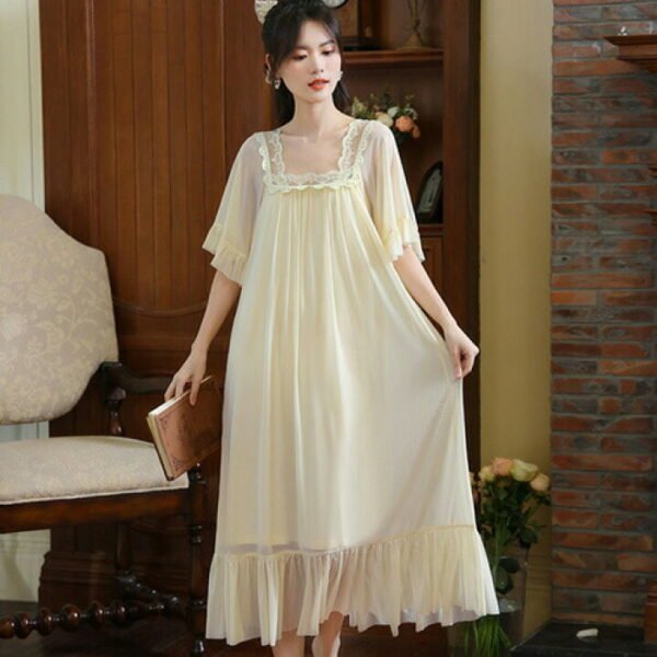 Women's Light Cream Vintage Lace Square Neck Flowy Nightgown